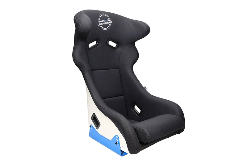 NRG Innovations FRP Bucket Seat - White finish with Arrow Embroidery and Blue Side Mount Bracket